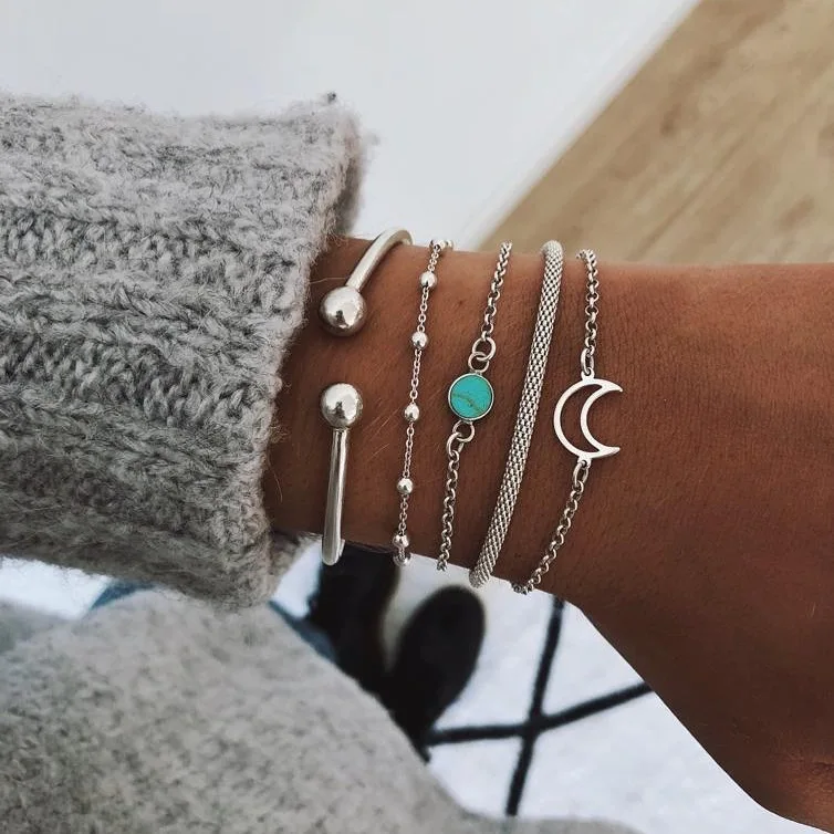 5pcs/set Turquoises Bangle Bracelets Personality Hollow Moon Beaded Snake Chain Cuff Bangles Bracelet Simple Dainty Bohemian
5pcs/set Turquoises Bangle Bracelets Personality Hollow Moon Beaded Snake Chain Cuff Bangles Bracelet Simple Dainty Bohemian