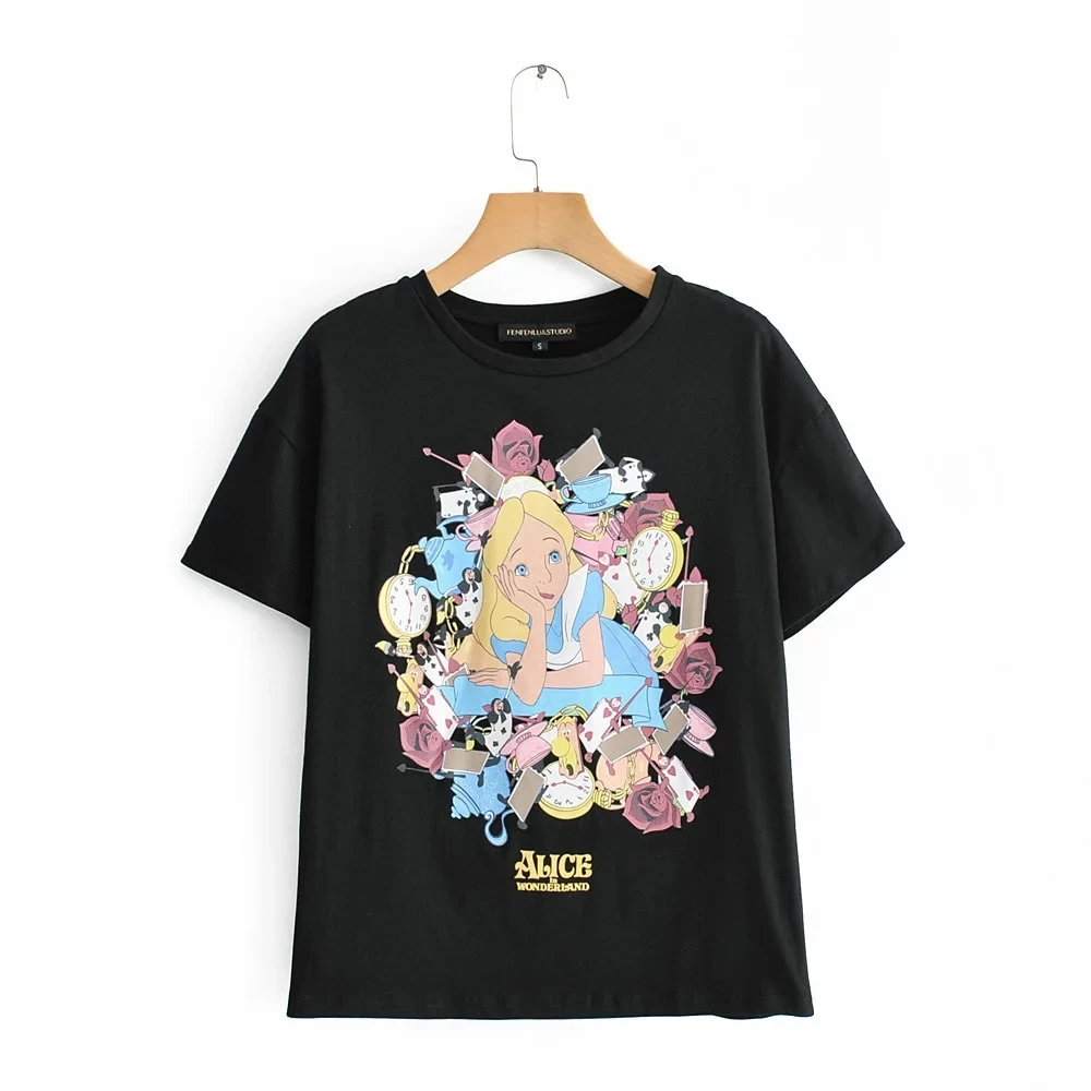 Summer 2019 Black T Shirt Women Clothes Alice Print Clothes Cute Cartton Regular tops Graphic Shirt Streetwear Cotton Tee
Summer 2019 Black T Shirt Women Clothes Alice Print Clothes Cute Cartton Regular tops Graphic Shirt Streetwear Cotton Tee