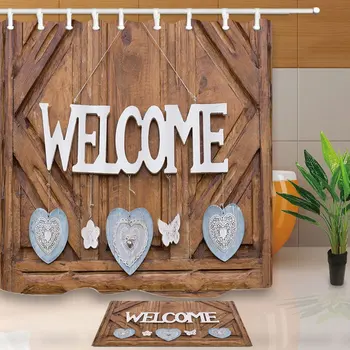 Rustic Wood Decor, Wooden Welcome Sign on Door Decorated Hearts Flowers and Butterfly Mildew Shower Curtain Set Floor Doormat
Rustic Wood Decor, Wooden Welcome Sign on Door Decorated Hearts Flowers and Butterfly Mildew Shower Curtain Set Floor Doormat