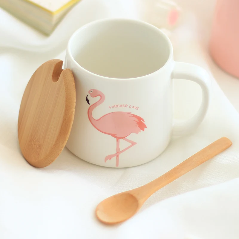 350 мл милый розовый Фламинго керамическая кофейная кружка с крышкой и ложкой кофе