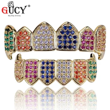 GUCY Hip Hop Gold Color Vampire Fangs Teeth Grills Caps Micro Pave Multi-Color CZ Bling Cubic Zirconia Top & Bottom Teeth Grillz
GUCY Hip Hop Gold Color Vampire Fangs Teeth Grills Caps Micro Pave Multi-Color CZ Bling Cubic Zirconia Top & Bottom Teeth Grillz