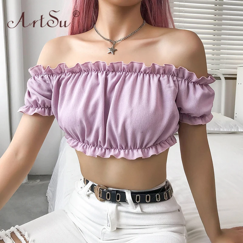 ArtSu Korean Sexy Women Crop Tops Bustier Off Shoulder Ruffles Summer Tee Shirt Femme Casual Purple Green White Short Tops 2019
ArtSu Korean Sexy Women Crop Tops Bustier Off Shoulder Ruffles Summer Tee Shirt Femme Casual Purple Green White Short Tops 2019