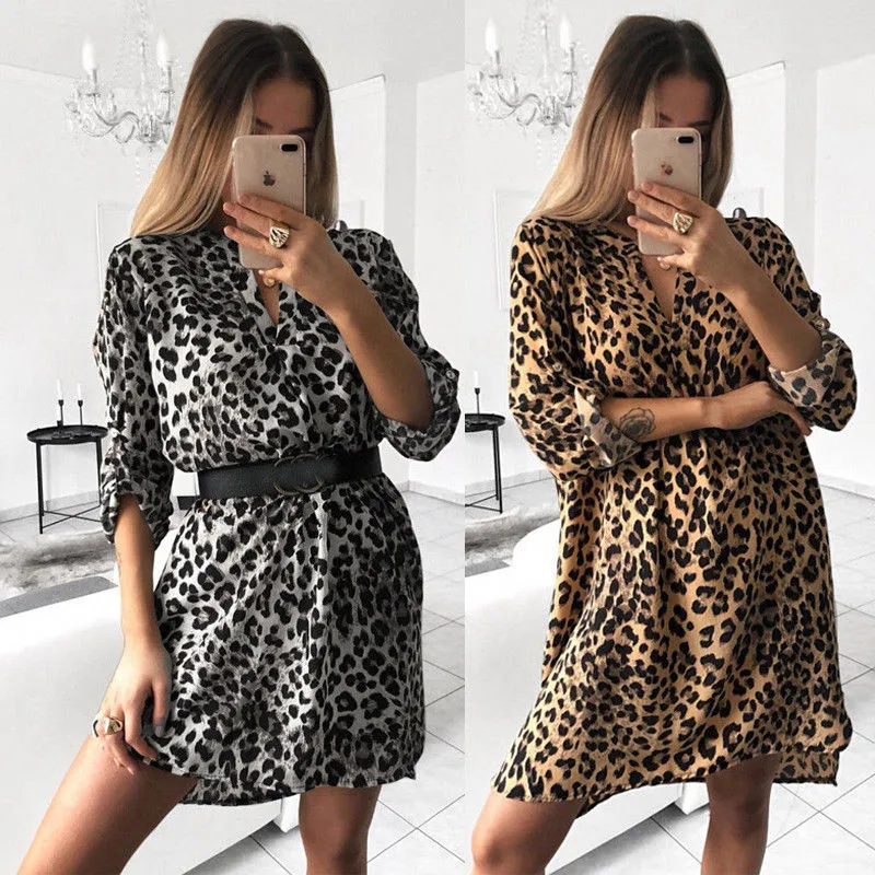 Women V Neck Dress Loose Leopard Print Snake Skin Striped Mini Dress Ladies 3/4 Sleeve Shirts Dress Fashion Women Dress 2019
Women V Neck Dress Loose Leopard Print Snake Skin Striped Mini Dress Ladies 3/4 Sleeve Shirts Dress Fashion Women Dress 2019