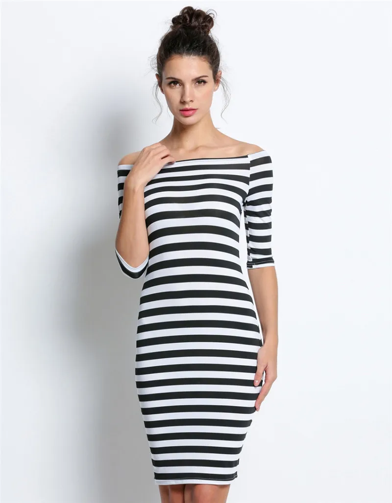  Off Shoulder Striped Midi Bodycon Dress 