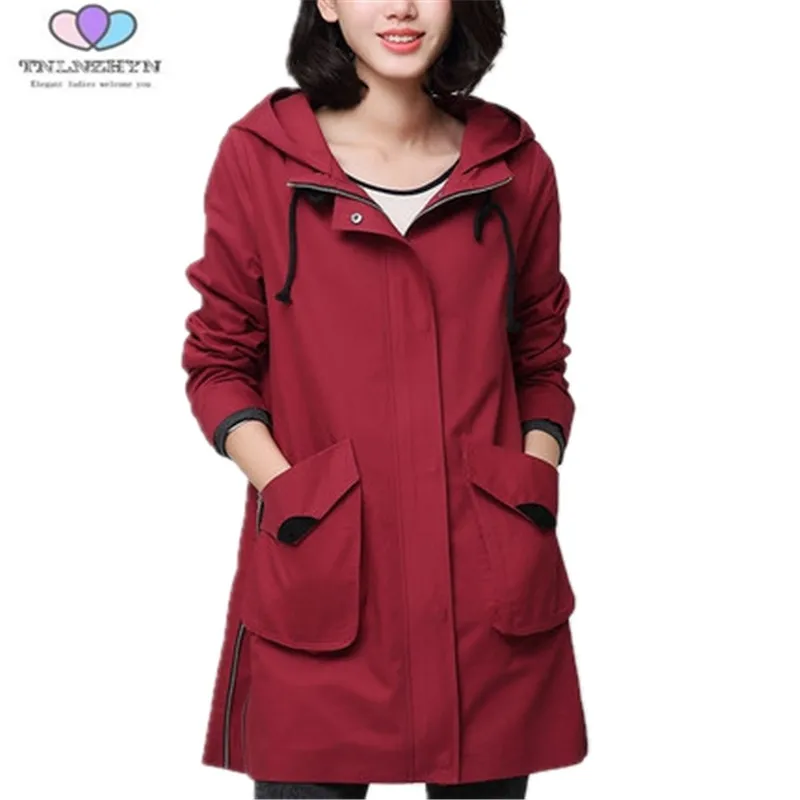 Image 2017 Spring  And Autumn Women Trench Coat Fashion Hooded Pockets Trench Coat Medium long Outerwear Coat M 5XL TNLNZHYN E37