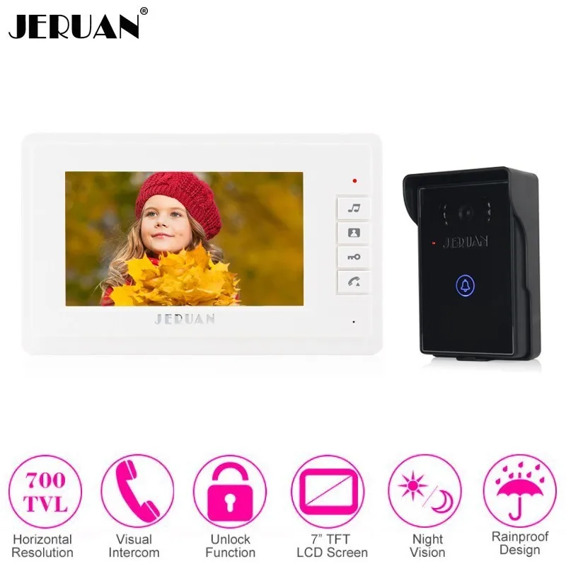 

JERUAN Home Wired 7 Inch LCD Video Door Phone Doorbell Intercom System kit Waterproof Touch Key 700TVL IR Camera FREE SHIPPING