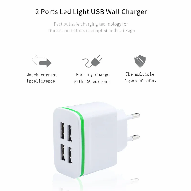 EU Plug 4Port USB Charge Adapter Travel Wall Charger With LED Light 5V 4A Quick for iPhoneTablet Mp3 Smartphones | Мобильные