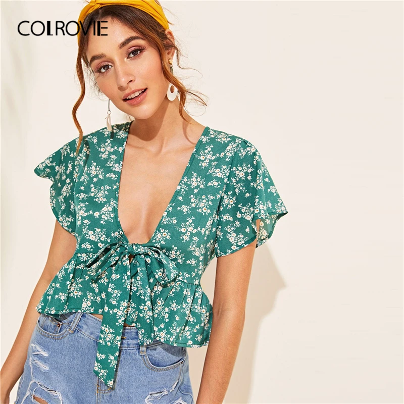 COLROVIE Green Floral Print Tie Front Ruffle Hem Blouse Shirt Women 2019 Summer Boho Deep V Neck Short Sleeve Ladies Crop Tops
COLROVIE Green Floral Print Tie Front Ruffle Hem Blouse Shirt Women 2019 Summer Boho Deep V Neck Short Sleeve Ladies Crop Tops