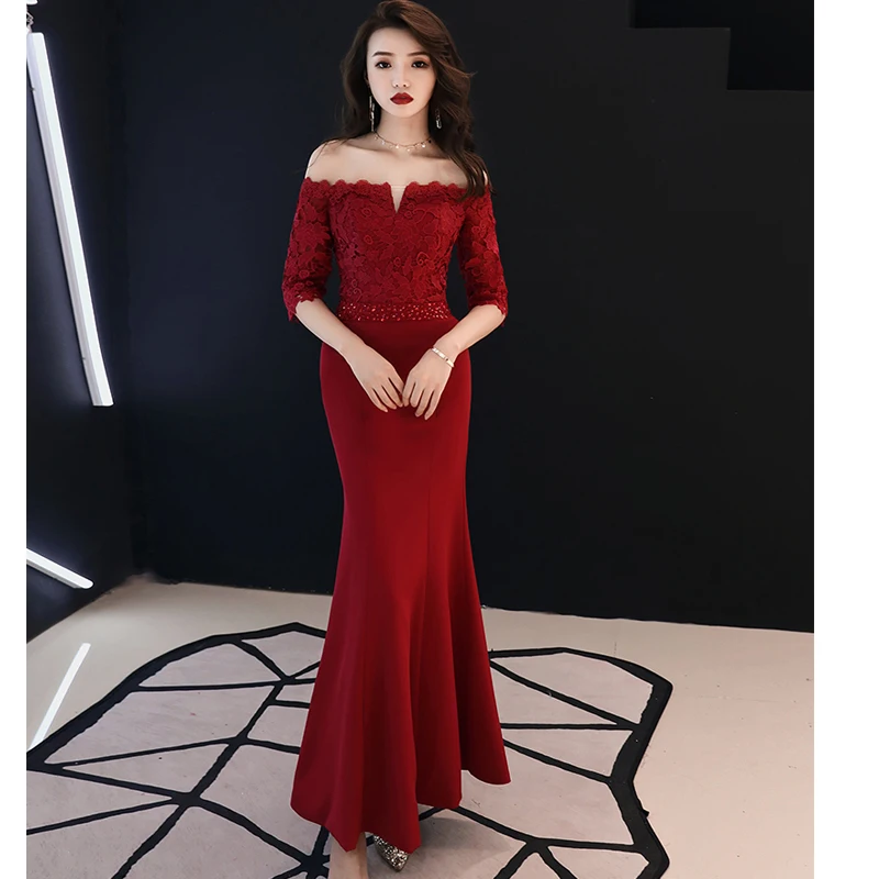 Beauty Emily Prom Gowns Plus size Beading Wine Red Lace Boat Neck Mermaid Floor Length Half Sleeves up Back Dresses | Свадьбы и