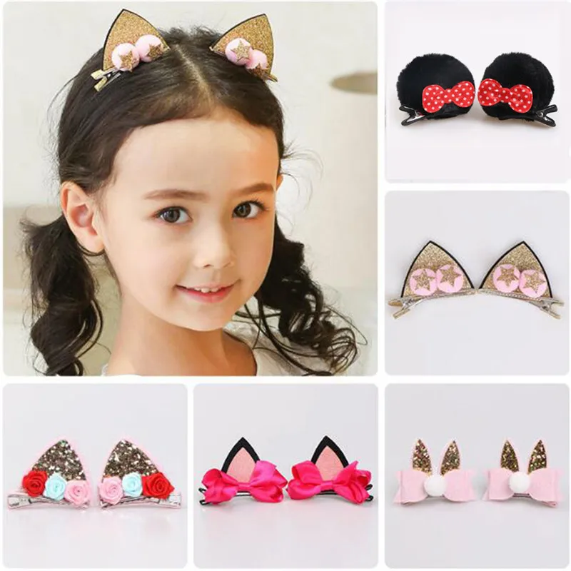 

Girls Glitter Bunny Ears Hair Clips Baby Cute Easter Bunny Bow Bobby Pins Cat Ears Barrettes Hair Accessories Children Hairpins