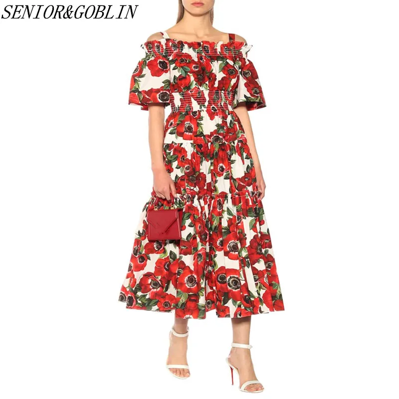 New 2019 Summer Runway Designer Sundress Women's Cold Cut Out Shoulder Slash Neck Elastic Waist Red Floral Print Long Dress
New 2019 Summer Runway Designer Sundress Women's Cold Cut Out Shoulder Slash Neck Elastic Waist Red Floral Print Long Dress