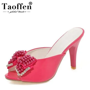 

TAOFFEN Women Patent Leather High Heel Sandals Bowtie Open Toe Crystal Slippers Daily Summer Shoes Women Footwear Size 32-43