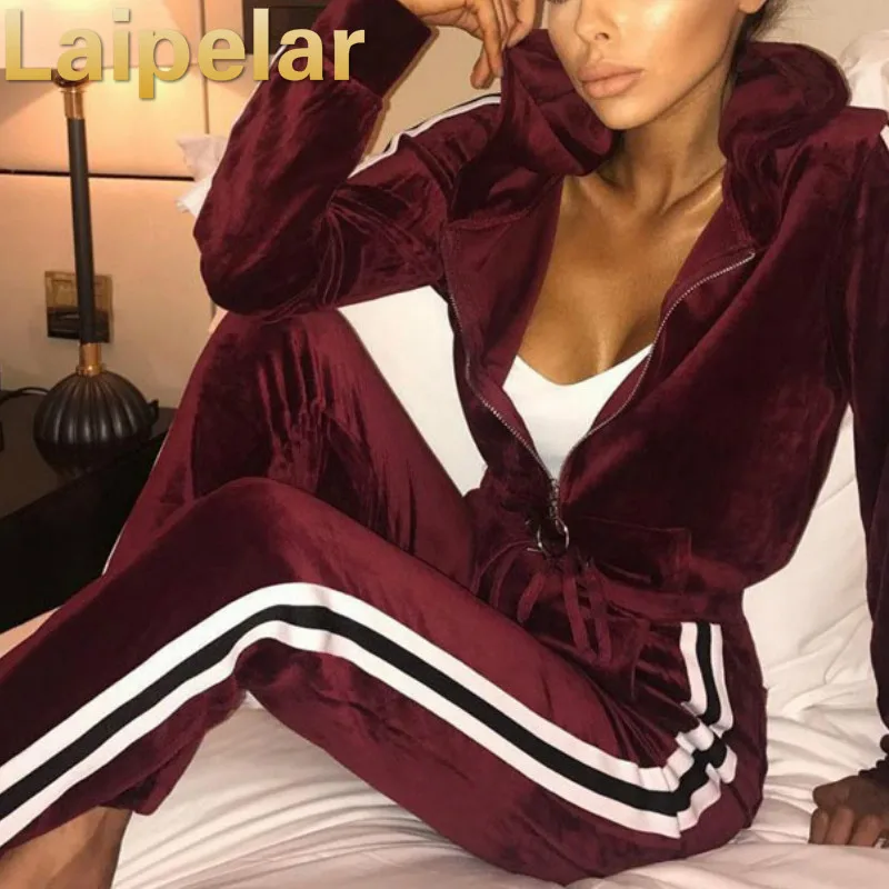 

Laipelar Tracksuit Women Casual Two Piece Set Sportswear Autumn Winter Warm Velvet Stripe Sweatshirt Pant Sweatsuit Home Clothes