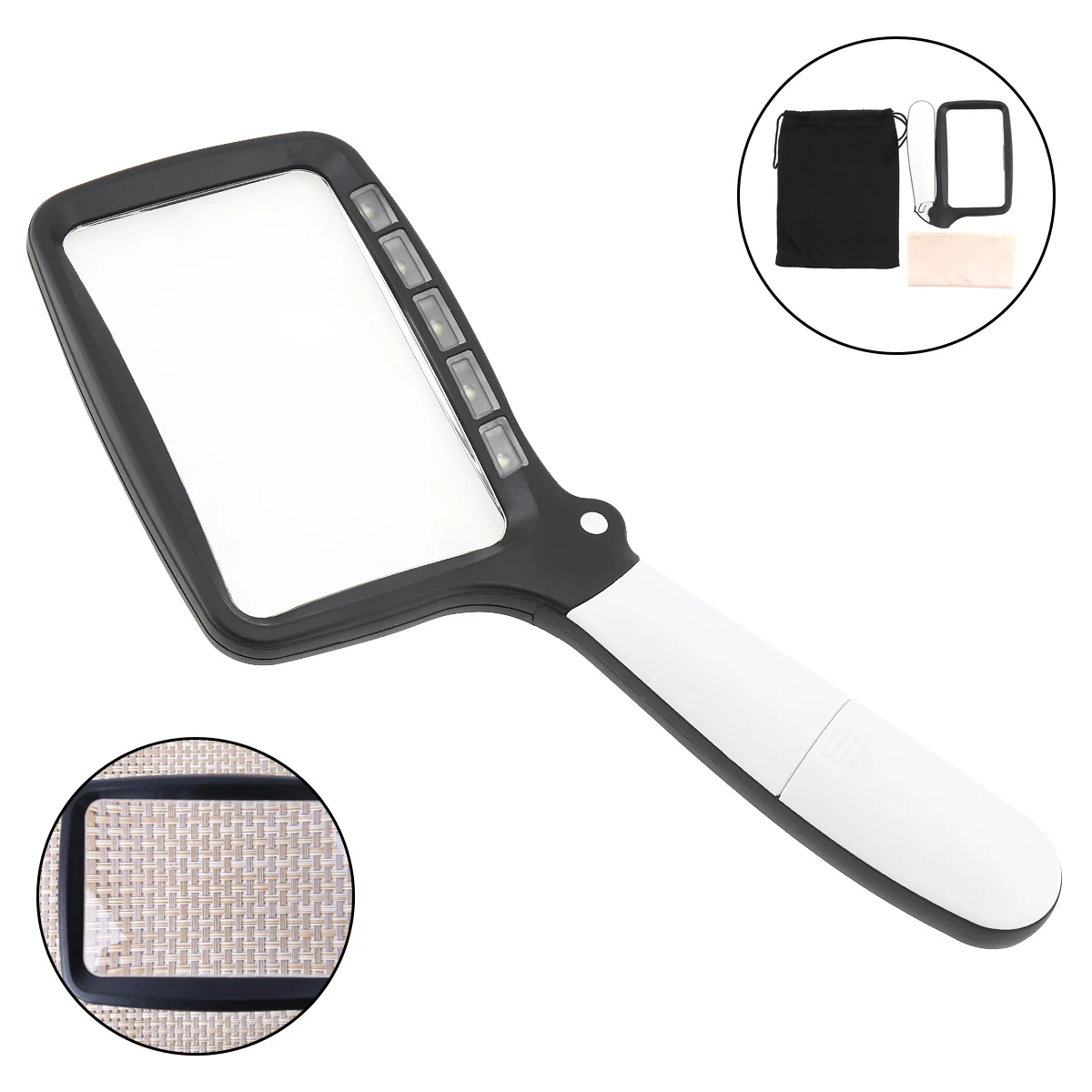Portable 2X Portable Foldable Handheld Magnifier with LED Lights and Black Receptacle Bag for Antique Viewing / Reading
Portable 2X Portable Foldable Handheld Magnifier with LED Lights and Black Receptacle Bag for Antique Viewing / Reading