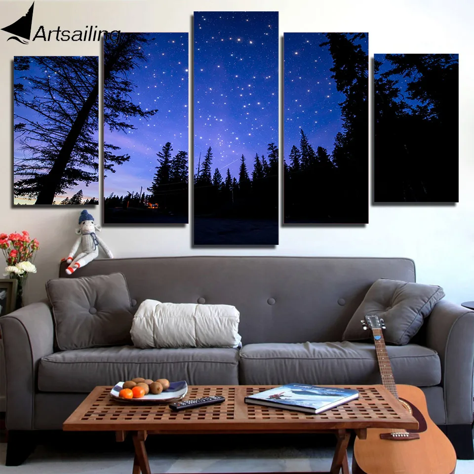 Фото HD печать 5 шт Холст Искусство Фиолетовый Звездное небо картина ночь лес настенные
