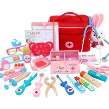 Brinquedos para crianças menina menino crianças fingir jogar médico de madeira brinquedos vermelho kit médico dentista medicina caixa conjuntos saco de pano embalagem jogos(China)