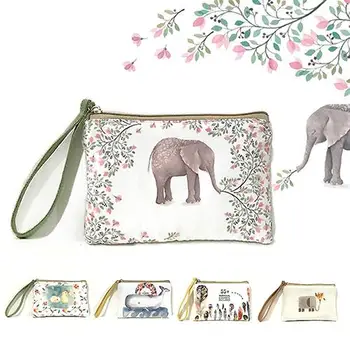 Christmas Women's Mini Canvas Zipper Pouch Cute Elephant Elk Whale Cat Printed Handbag Coin Purse Phone Bag Gifts
