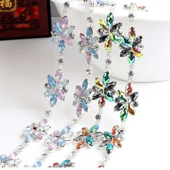 

1yard crystals Flower rhinestone chain trim with silver base for DIY wedding dress decorations and Sew on Garment Bags