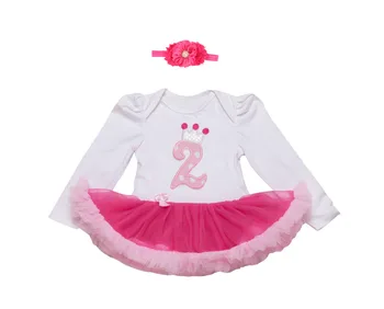 

2PCs per Set Pink Baby Girls Tutu Dress Long Sleeves Infant Girl 2nd Birthday Outfit Rhinestone Flower Headband 0-24Motnths