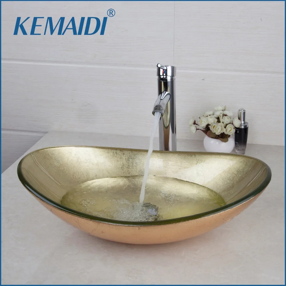 

KEMAIDI New Hand Painted Gold Bathroom Washbasin Bath Set Faucet Mixer Taps Tempered Glass Basin Veseel Faucets Chrome Finished