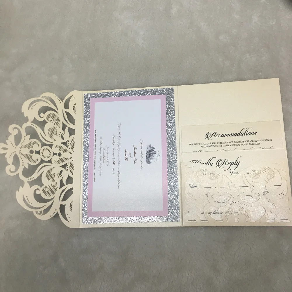 Elegant pocket laser cut lace wedding invitation card design printing service glitter paper background with hot stamping names
Elegant pocket laser cut lace wedding invitation card design printing service glitter paper background with hot stamping names