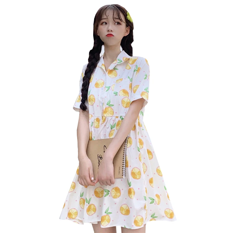 2019 New Summer Dress Women Small Fresh Fruit Print Dress Loose Lapel Dress Harajuku Cute Peach Orange Dress Female #697
2019 New Summer Dress Women Small Fresh Fruit Print Dress Loose Lapel Dress Harajuku Cute Peach Orange Dress Female #697