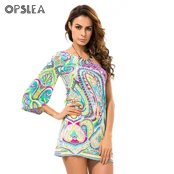 

Opslea African Women Sexy One Shoulder Mini Dress Classic National Pattern Print Dashiki Summer Single Shoulder Milk Silk Dress