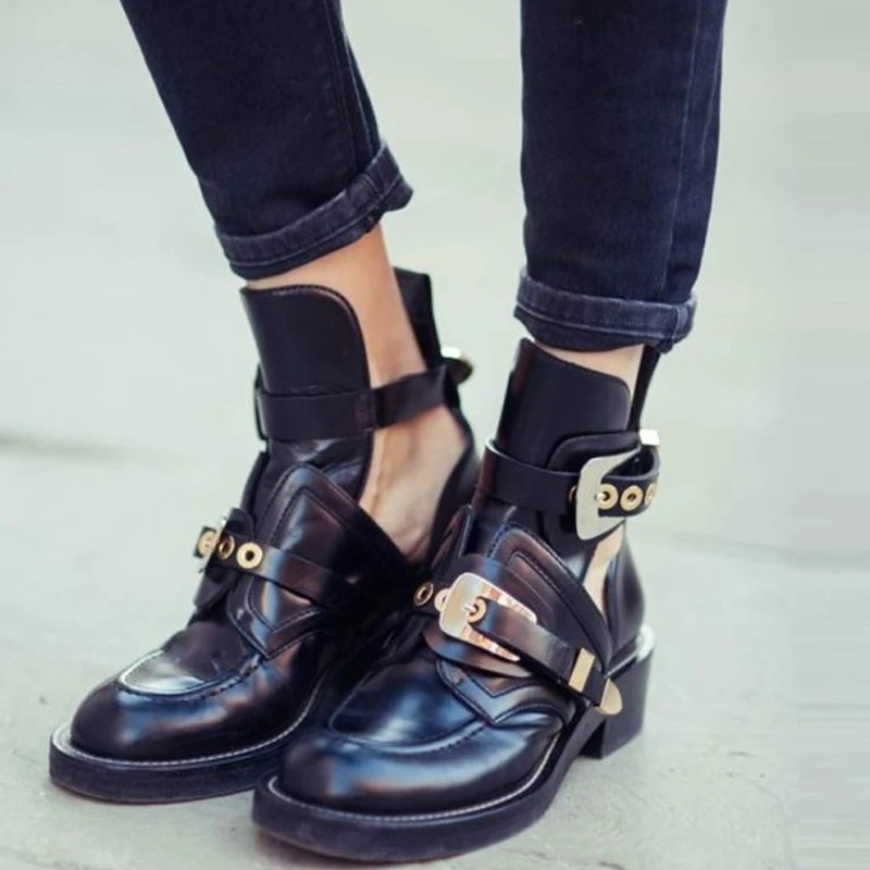Round Toe Cut Out Design Women Ankle Boots Buckle Belt Punk Motorcycle Booties Black Leather Low Square Heels Shoes
Round Toe Cut Out Design Women Ankle Boots Buckle Belt Punk Motorcycle Booties Black Leather Low Square Heels Shoes