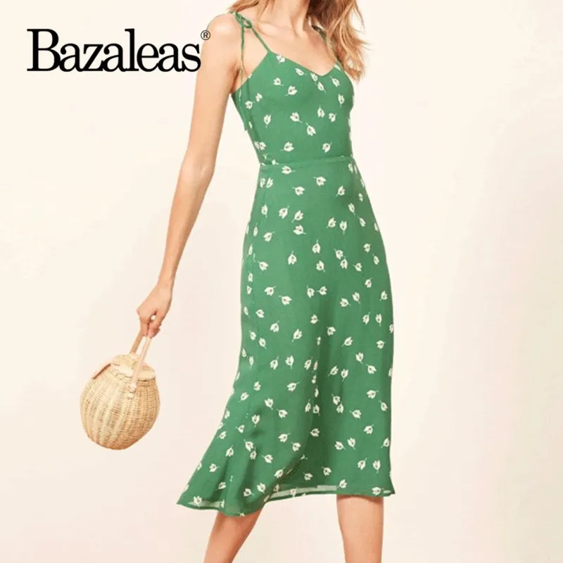 Bazaleas Fashion Adjust paghetti straps women midi dresses Chiffon vestidos Retro Green Floral Print Summer Dress drop shipping
Bazaleas Fashion Adjust paghetti straps women midi dresses Chiffon vestidos Retro Green Floral Print Summer Dress drop shipping