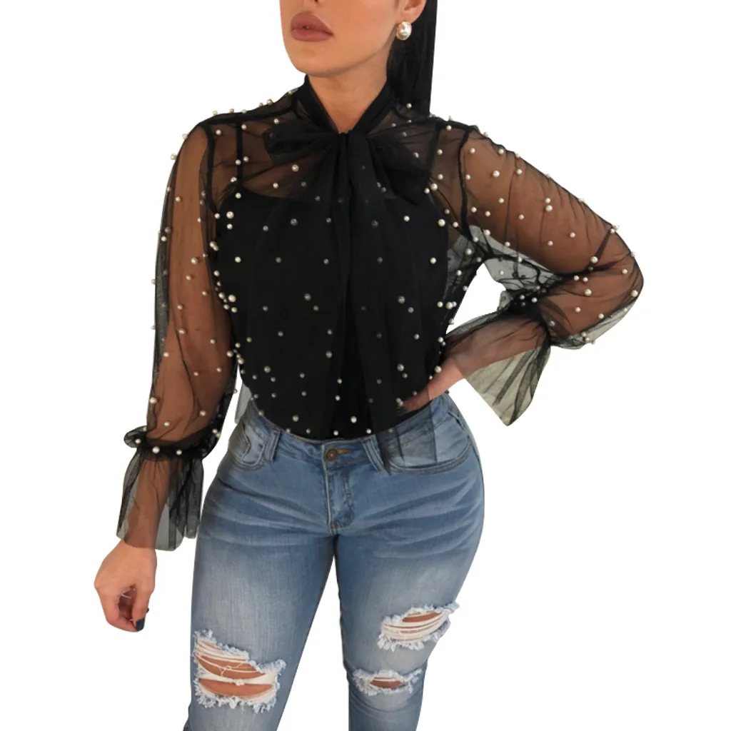 Sexy Transparent Mesh Blouse Shirt Elegant Pearl Lace Up Blouse Women Tops Summer Casual Blouses & Shirts Blusas Bow WS6369U
Sexy Transparent Mesh Blouse Shirt Elegant Pearl Lace Up Blouse Women Tops Summer Casual Blouses & Shirts Blusas Bow WS6369U