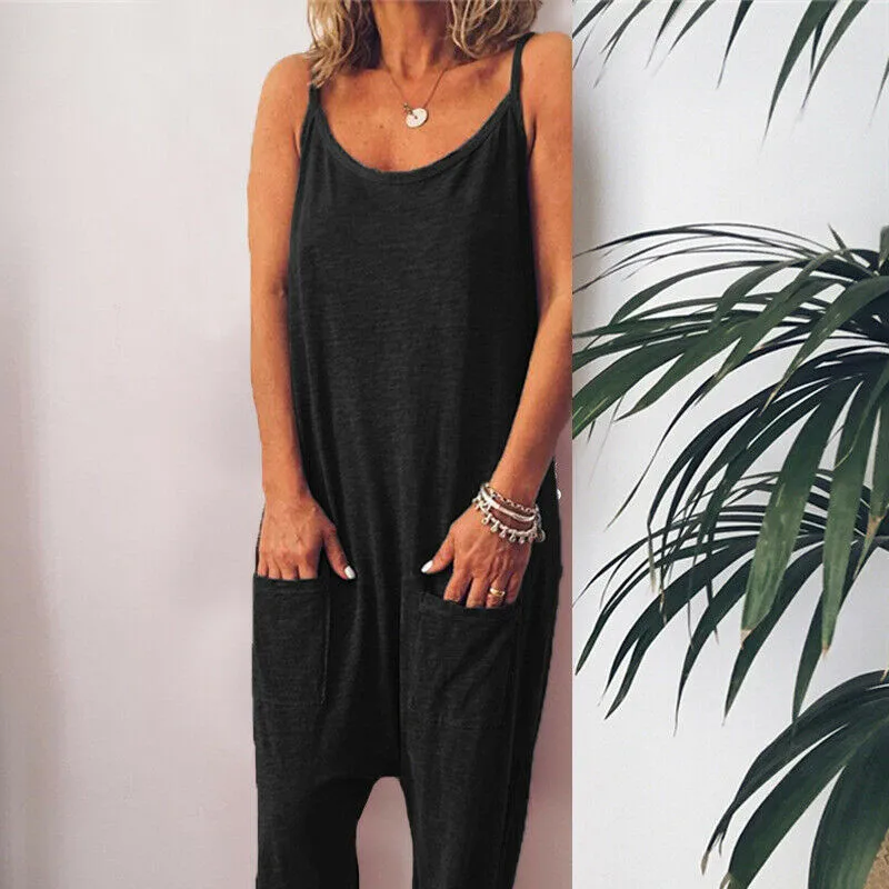 Women Casual Solid Pockets Loose Sleeveless Jumpsuit Lady Summer Spaghetti Strap Bodysuit New Fashion Style | Женская одежда