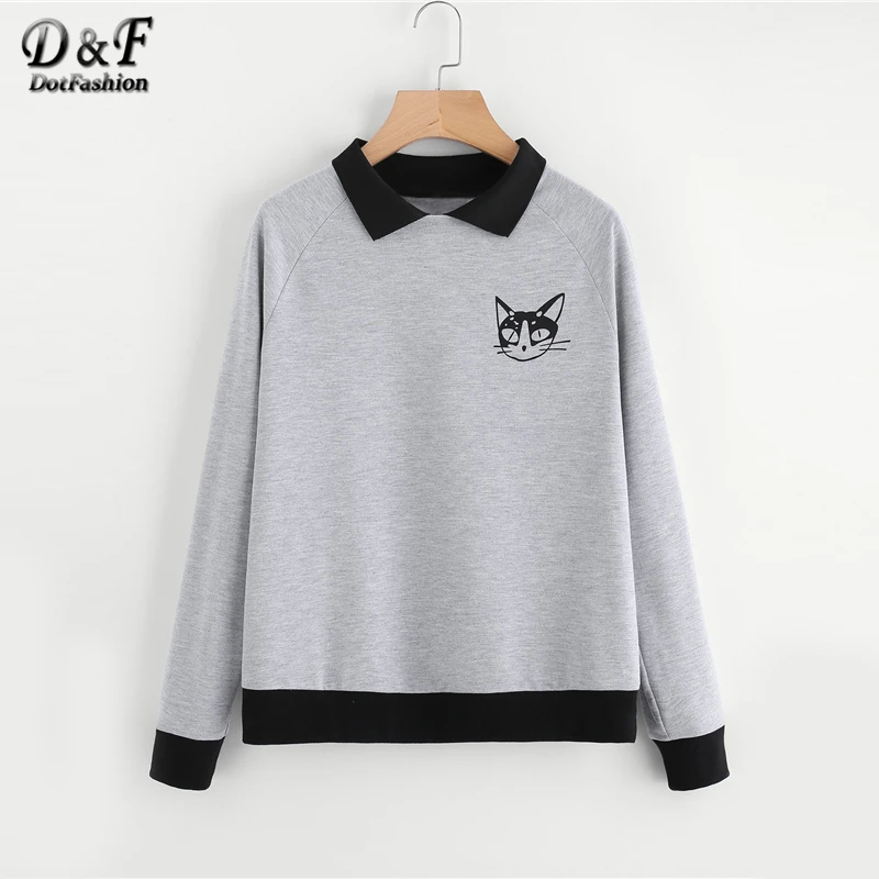 

Dotfashion Contrast Collar Cat Print Animal Cartoon Pullover Grey Long Sleeve Lapel Preppy Top Spring Autumn Women Sweatshirt