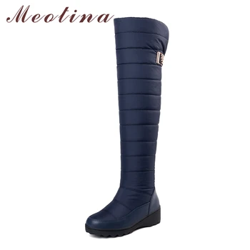 Meotina Shoes Women Snow Boots Thigh High Boots Winter Buckle Wedge Over the Knee Boots Plush Long Warm Black Blue Size 44 
Meotina Shoes Women Snow Boots Thigh High Boots Winter Buckle Wedge Over the Knee Boots Plush Long Warm Black Blue Size 44