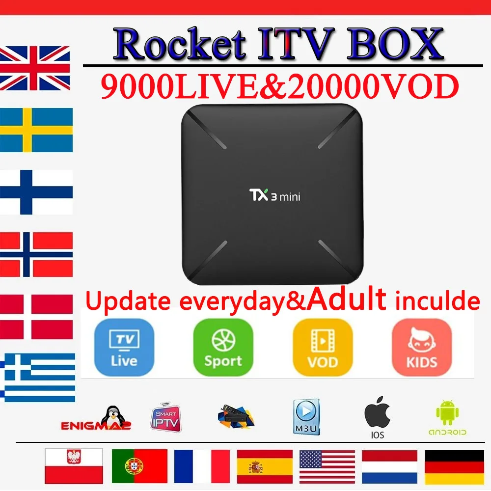 New tx3 mini android tv box+1 year 9000 live&20000 vod Rocket iptv subscription French Spain UK Italy Germany Portugal iptv box
New tx3 mini android tv box+1 year 9000 live&20000 vod Rocket iptv subscription French Spain UK Italy Germany Portugal iptv box