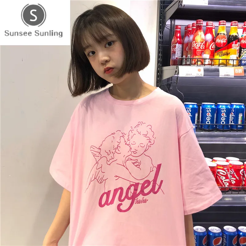 2019 Summer Female T-shirt New Women's Korean Harajuku Loose Thin Cartoon Angel Letter Print Women's T-Shirt Camisetas Mujer 
2019 Summer Female T-shirt New Women's Korean Harajuku Loose Thin Cartoon Angel Letter Print Women's T-Shirt Camisetas Mujer