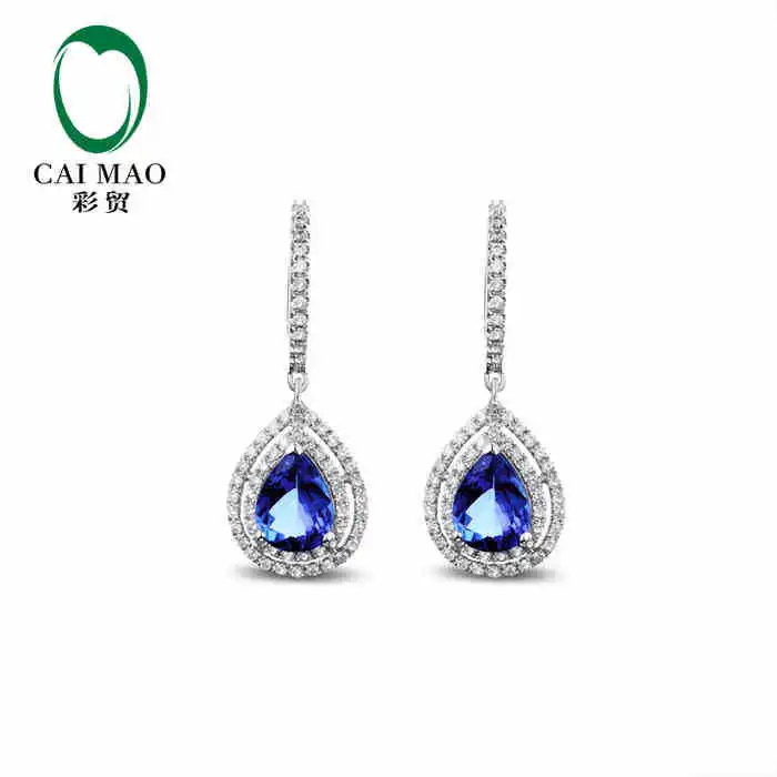 

CaiMao 14KT/585 White Gold 2.1 ct Natural IF Blue Tanzanite AAA 0.60 ct Full Cut Diamond Engagement Gemstone Earrings Jewelry