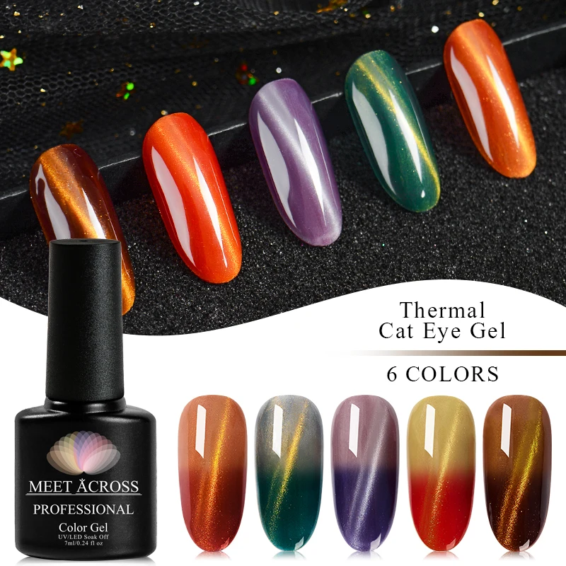 

MEET ACROSS Thermal Magnetic Cat Eye Nail Gel Polish Set 7ml Temperature Color Changing Nail Gel Soak Off Art UV Gel Varnish