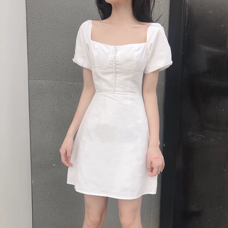Sweet Square Collar Buttons Short Puff Sleeves A-Line White Lace Up Dress Backless Mini Fairy Bandage Dress Vestidos 2019
Sweet Square Collar Buttons Short Puff Sleeves A-Line White Lace Up Dress Backless Mini Fairy Bandage Dress Vestidos 2019