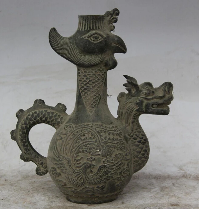 wholesale factory 8" Old Chinese Dynasty Bronze Phoenix Bird Dragon Handle Wine Tea Pot Flagon
wholesale factory 8" Old Chinese Dynasty Bronze Phoenix Bird Dragon Handle Wine Tea Pot Flagon