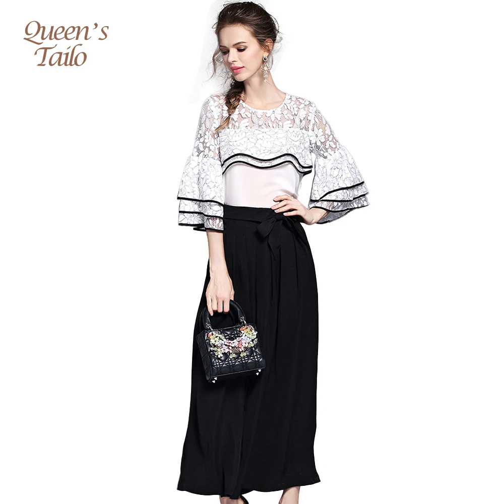 Image Queen s Tailo New Summer White Shirt Black Pants Suits For Woman Ruffles Lace Blouse Loose Pants Set Spring Woman