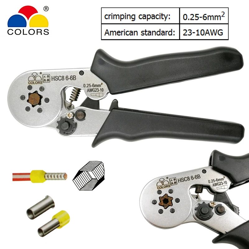 COLORS HSC8 6-6B crimping pliers for tube type needle type terminal crimp self-adjusting capacity 0.25-6 mm2 23-10 AWG hand tool
COLORS HSC8 6-6B crimping pliers for tube type needle type terminal crimp self-adjusting capacity 0.25-6 mm2 23-10 AWG hand tool
