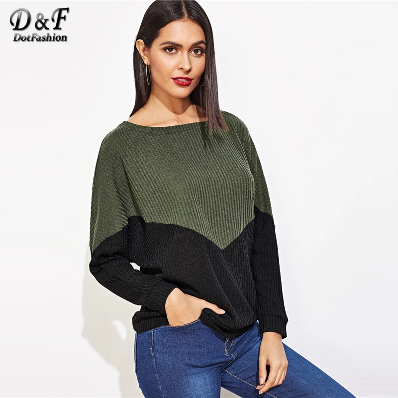

Dotfashion Contrast Panel Ribbed Long Sleeve Tee Shirts Women 2019 Autumn Casual Tops Womens Clothing Spring Patchwork T-Shirts