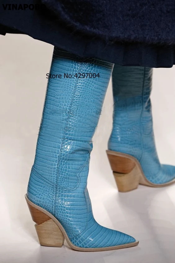 1Pink-Snake-Print-Women-Boots-2018-Pointed-Toe-Knee-high-Boots-Block-Heel-Mid-Calf-Riding (4)
