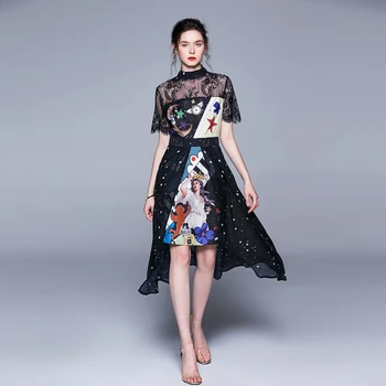 Fashion Woman Furcal Mid Dress Stand Collar Lace Patched Slim A-line Dresses OL Elegant Party Dress Summer New Print Dress Woman
Fashion Woman Furcal Mid Dress Stand Collar Lace Patched Slim A-line Dresses OL Elegant Party Dress Summer New Print Dress Woman