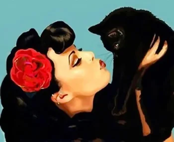 Modern abstract handmade painting pop art girl kissing black cat on oil canvas for living room decor, wallpaper
Modern abstract handmade painting pop art girl kissing black cat on oil canvas for living room decor, wallpaper