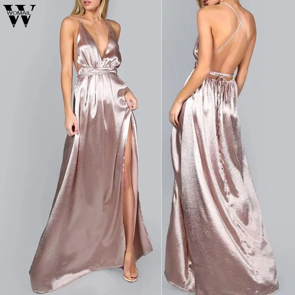 

Womail New Sexy Women's Party Dresses 2019 Fashion Satin Solid Sleeveless Backless V-neck Ankle Length Sling Dress JL13 Vestidos