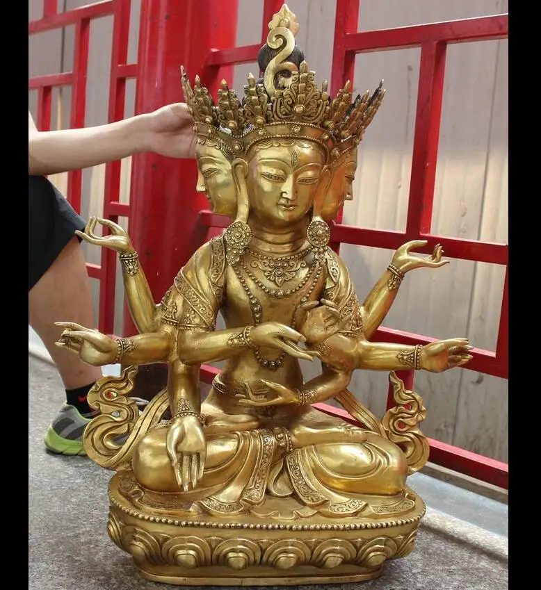880070244<<<32" Tibet Bronze 4 Head Face 8 Arms Buddha Statue