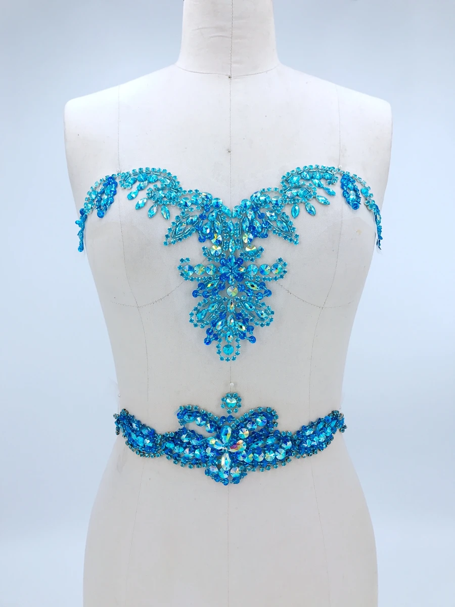 

handmade sew on light blue rhinestones applique on mesh crystals trim patches 34*20cm&30*9cm for dress DIY accessories