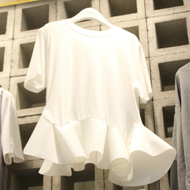 Фото Корейский стиль Для женщин футболки Мода оборками Тонкий футболка женский