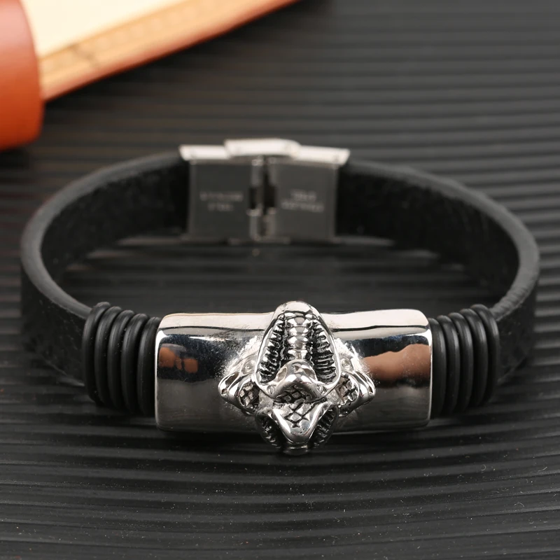 YISUYA Fashion Snake Head Shape Men's Leather Bracelet With Rope Chain Hidden-safety-clasp Gifts | Украшения и аксессуары